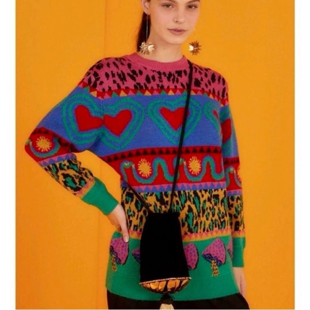 FARM Rio Multicolor Heart & Motif Crewneck Sweater